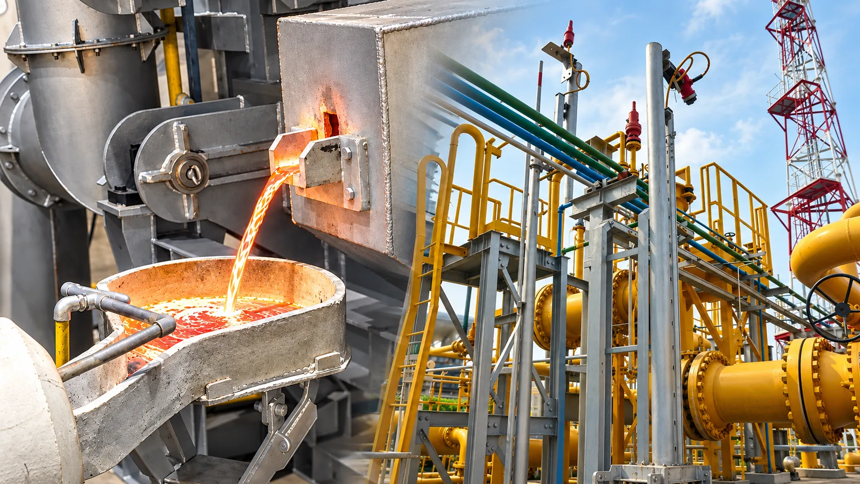 Molten aluminium pouring from a furnace beside industrial gas piping and a steel tower