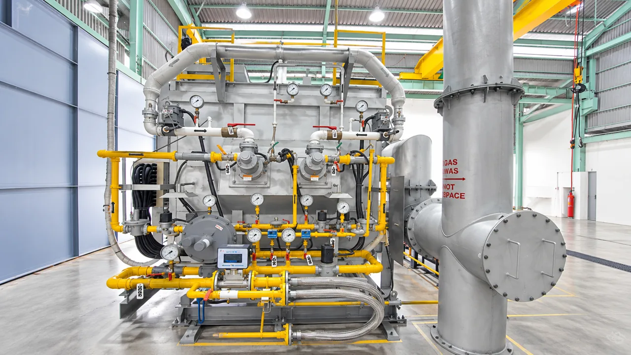 MWT compact aluminium reverberatory furnace with burner gas trains, control instruments and exhaust stack inside a workshop