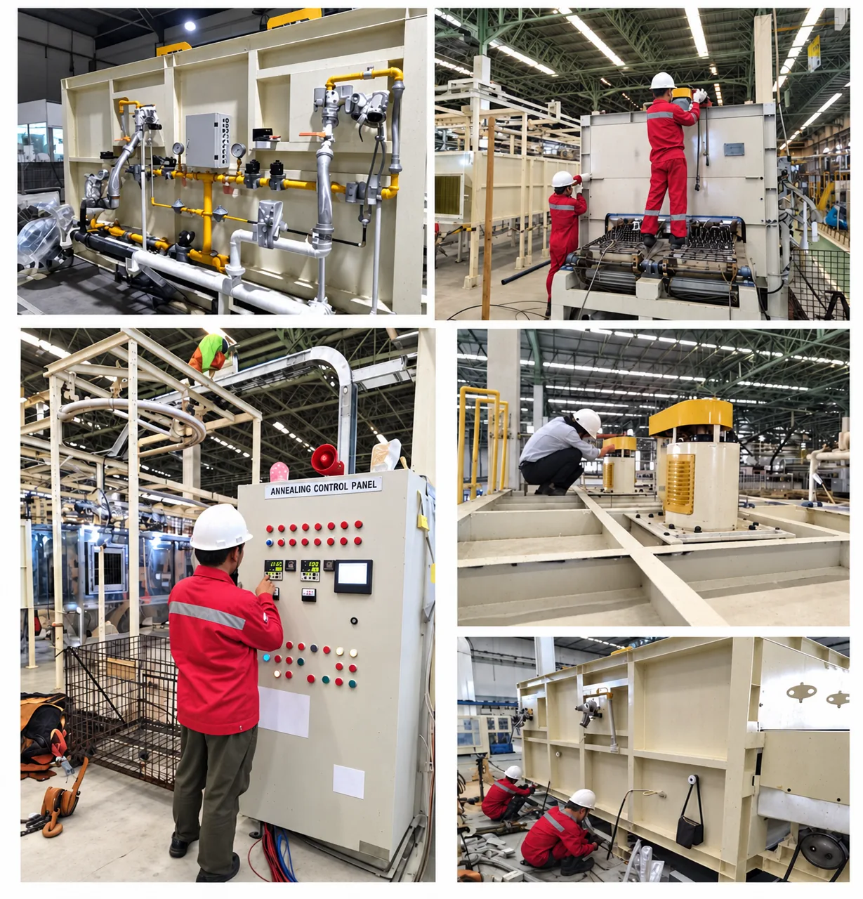 Collage of MWT heat treatment line work: burner gas train piping on a furnace casing, technicians working on a furnace with roller conveyor, a technician operating the annealing control panel, and fabrication of furnace casing and drive units