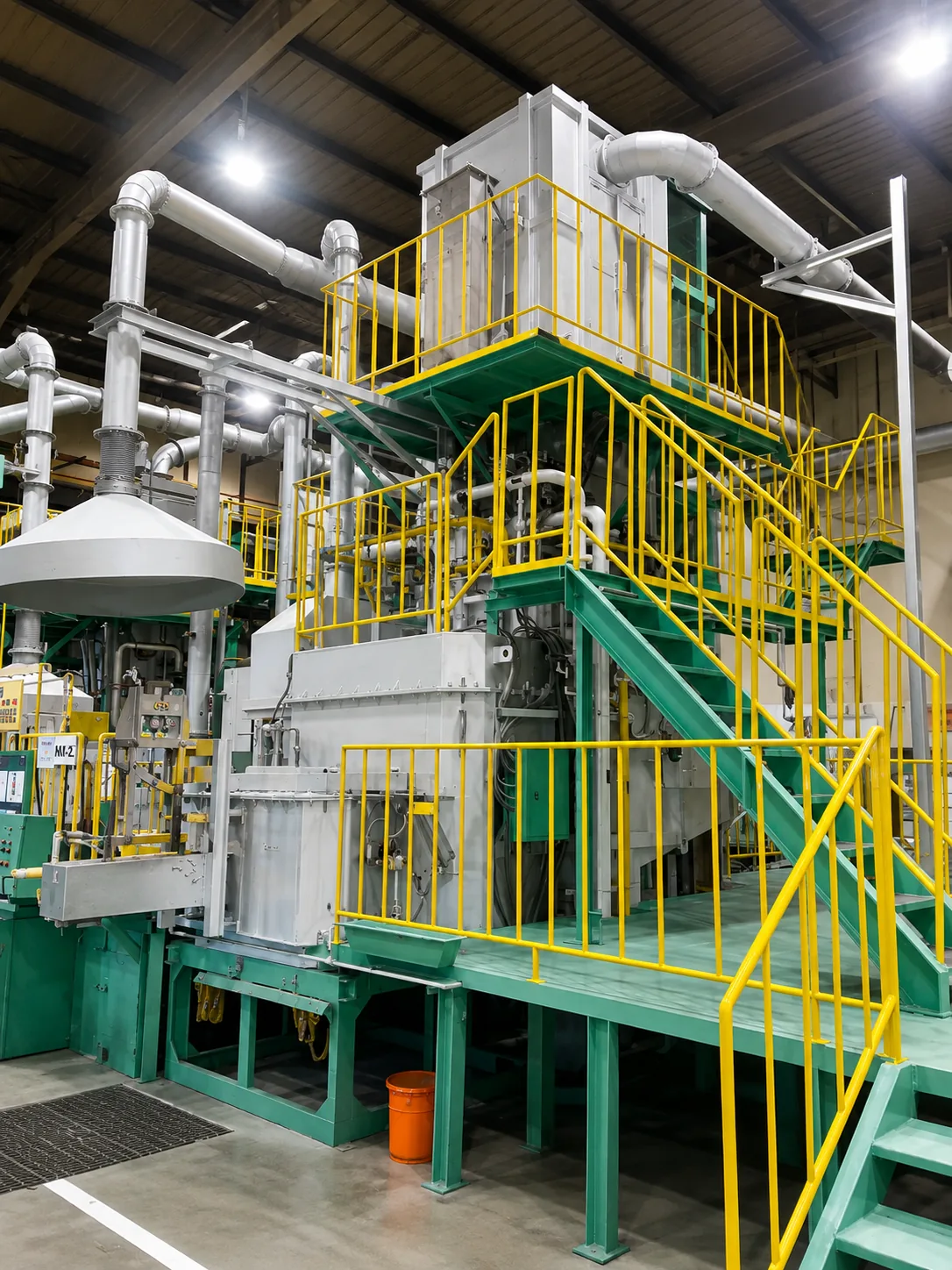 MWT aluminium continuous melting-holding furnace, tower type, with access platforms, exhaust ducting and fume hood inside a plant