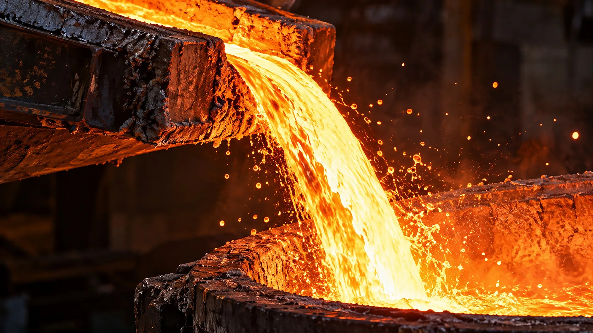 Molten metal pouring into a furnace crucible