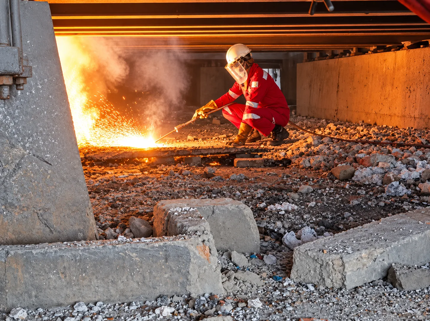 MWT technician cutting with a thermal lance beneath a steel structure, with sparks