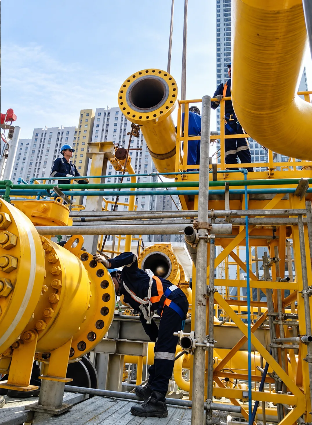 MWT crew installing large yellow industrial pipelines and flanged connections on a steel platform in Jakarta