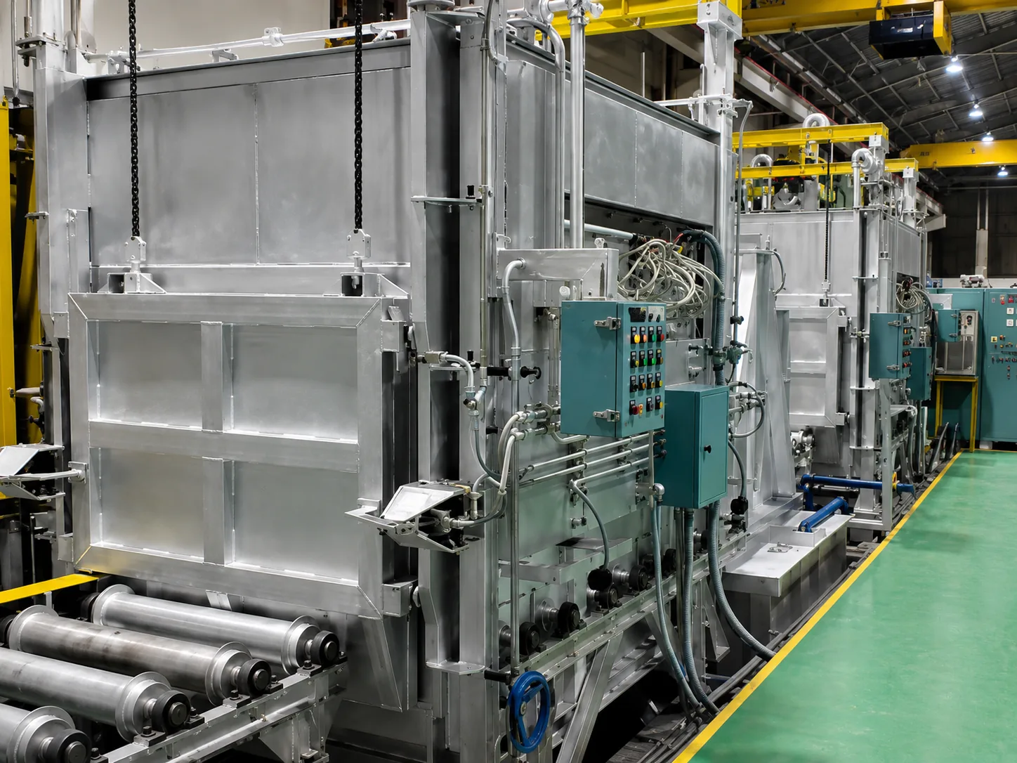 MWT thermal process furnace line with insulated chambers, control panels and roller conveyor