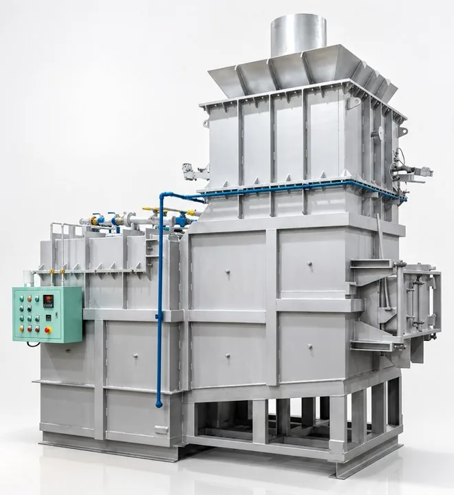 MWT continuous melting-holding furnace for aluminium, tower charging model, with burner gas train, control panel and exhaust hood