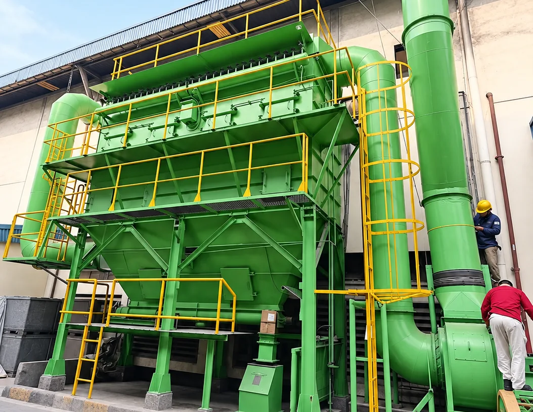 Green dust collector with yellow walkways, ladders and ducting installed beside a plant building